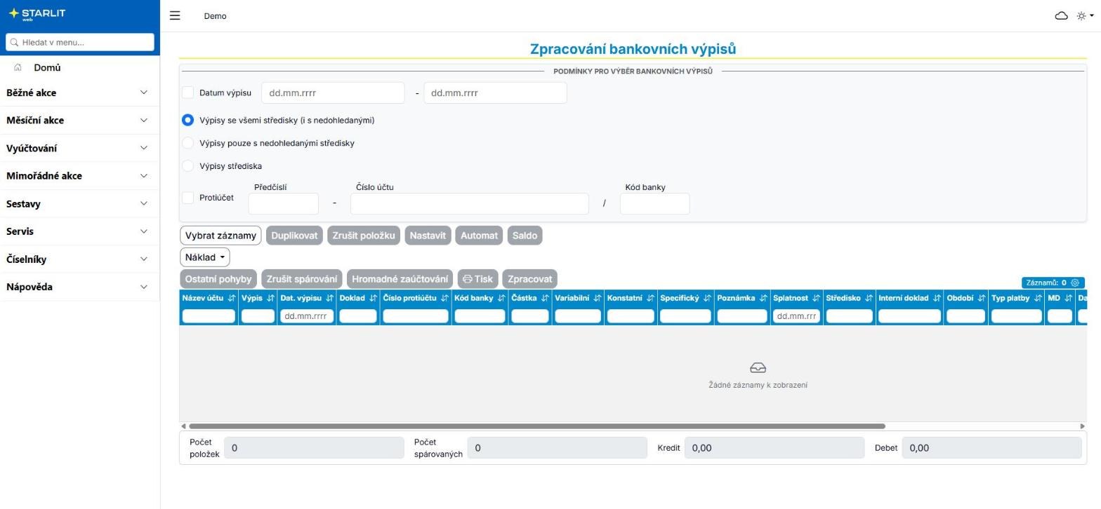 Formulář Zpracování bankovních výpisů