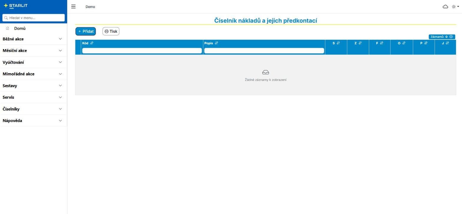 Číselník nákladů a jejich předkontací