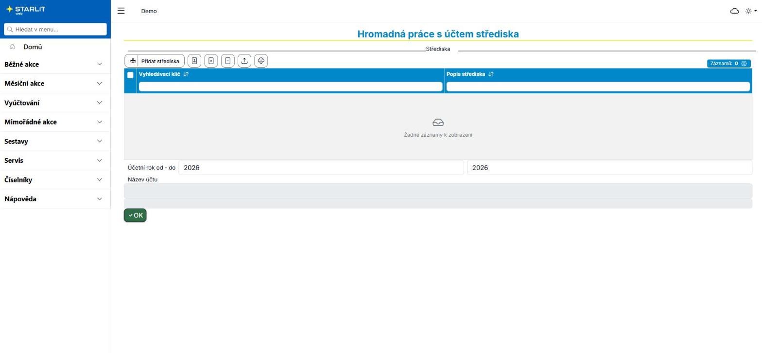 Hromadná práce s účtem střediska