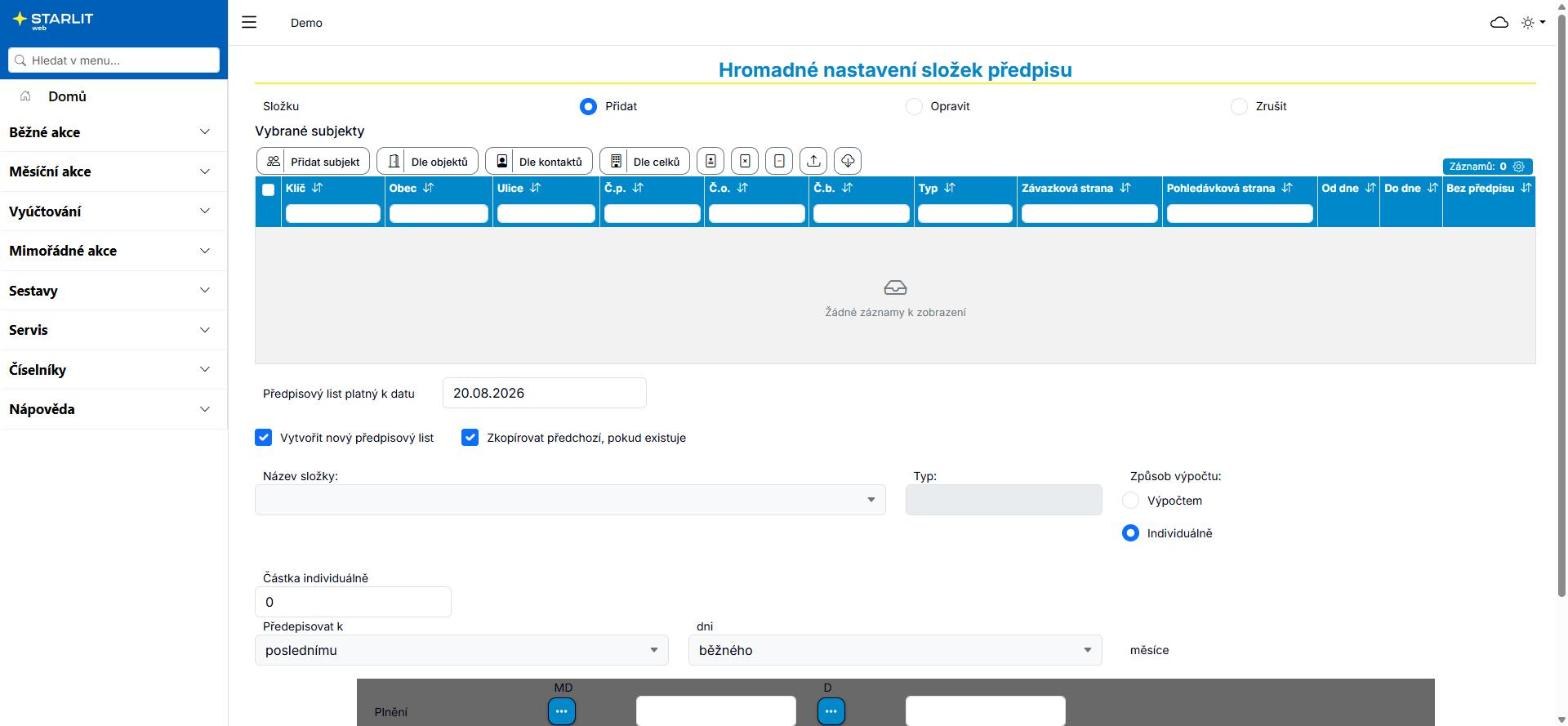 Formulář Hromadné nastavení složek předpisu