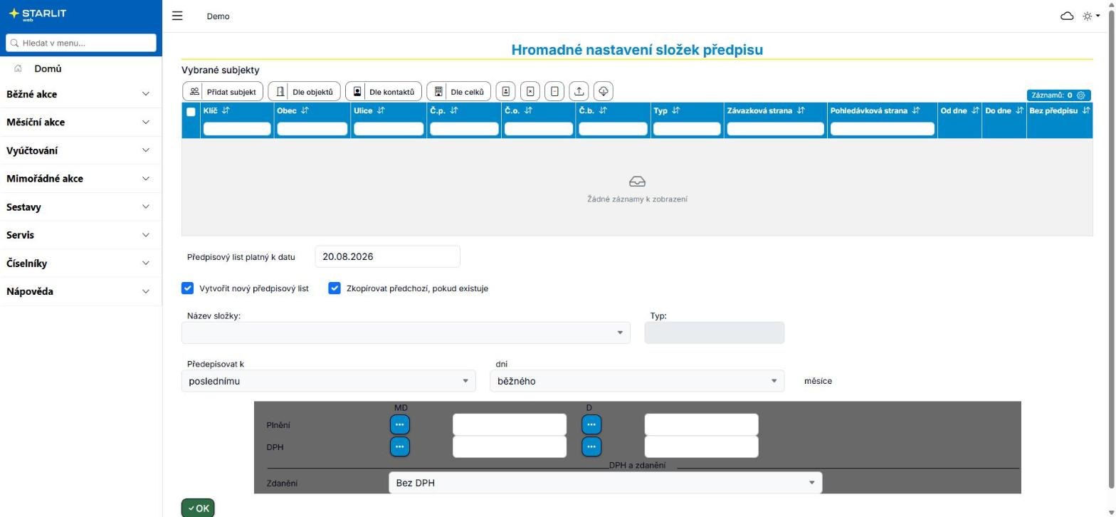 Formulář Hromadné nastavení účetní předkontace