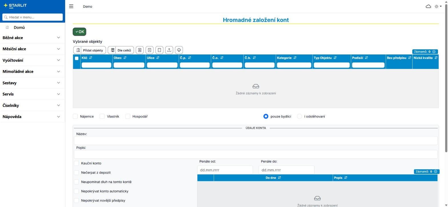 Formulář Hromadné založení kont
