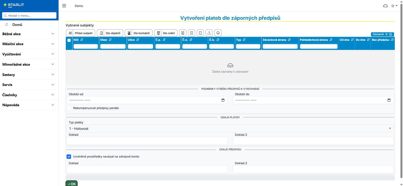 Vytvoření plateb dle záporných předpisů Vytvoření plateb dle záporných předpisů