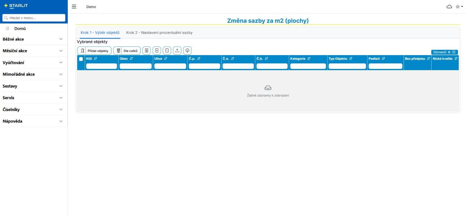 Změna sazby za m2 (plochy), krok 1 Změna sazby za m2 (plochy), krok 1