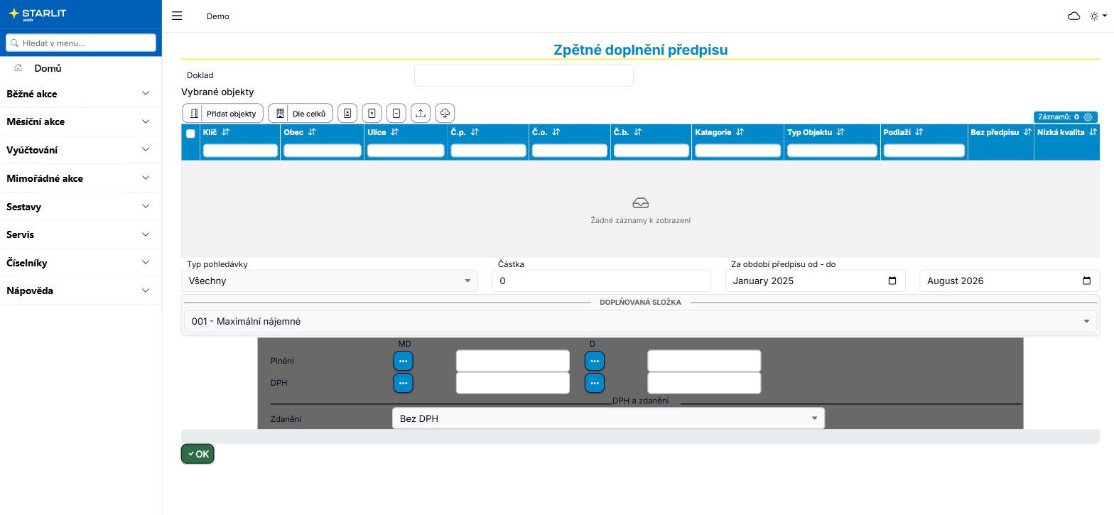 Formulář Zpětné doplnění předpisu