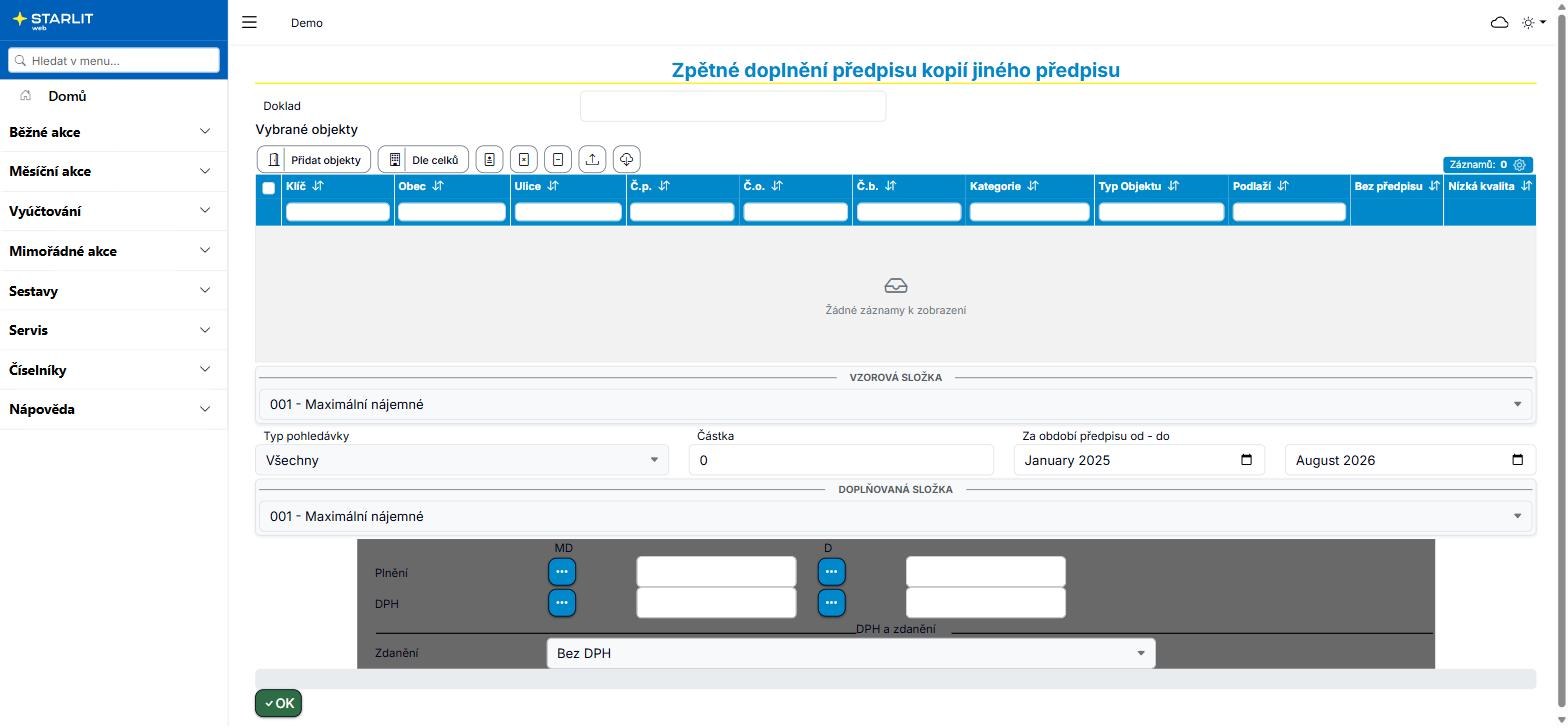 Formulář Zpětné doplnění předpisu kopií jiného předpisu